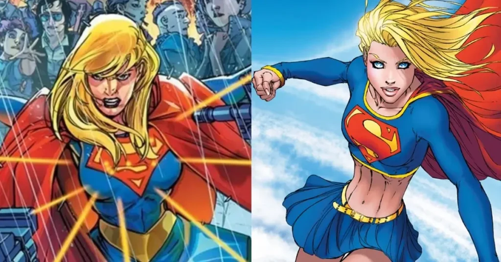 Supergirl utilizando seus poderes como voo, superforça e visão de calor nos quadrinhos da DC Comics