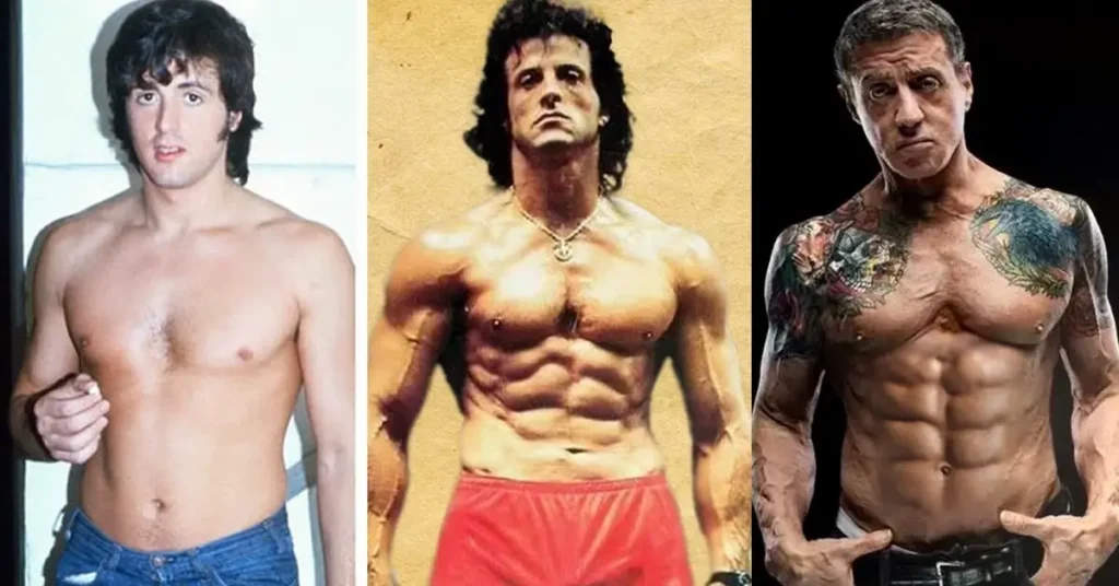 Sylvester Stallone aos 24, 39 e 78 anos comparando evolução física ao longo da carreira no cinema