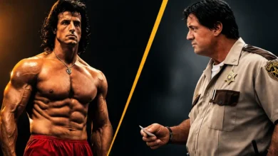 Transformação física de Sylvester Stallone comparando seu físico musculoso nos anos 80 com o personagem Freddy Heflin em Cop Land (1997)