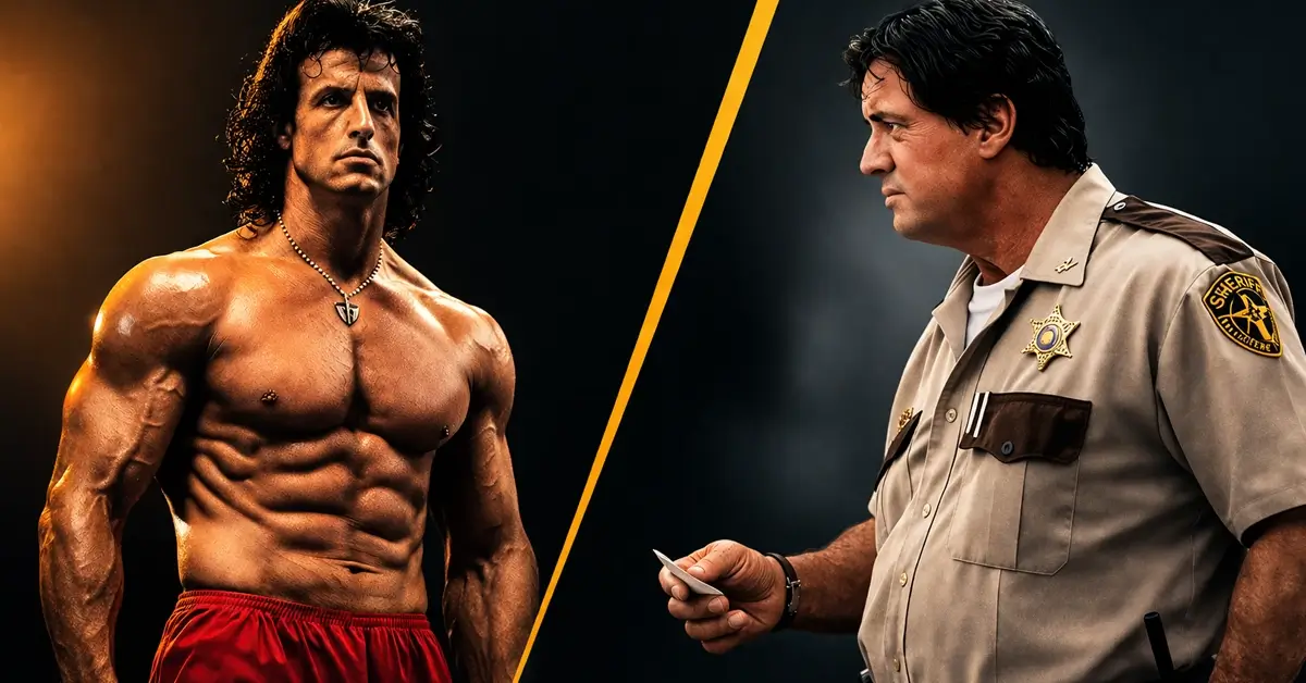 Transformação física de Sylvester Stallone comparando seu físico musculoso nos anos 80 com o personagem Freddy Heflin em Cop Land (1997)