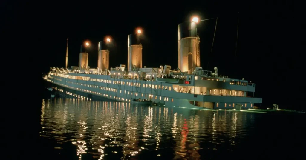 Cena do filme Titanic (1997), mostrando o RMS Titanic iluminado à noite antes do naufrágio