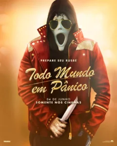 Ghostface vestido como Michael Jackson com jaqueta vermelha estilo Thriller em pôster de Todo Mundo em Pânico 6 com frase Prepare seu rusbé