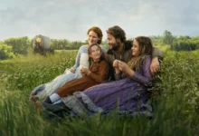 Cena da série Uma Casa na Pradaria (Little House on the Prairie), produção original da Netflix baseada nos romances autobiográficos de Laura Ingalls Wilder. Na imagem, Luke Bracey, Crosby Fitzgerald, Alice Halsey e Skywalker Hughes aparecem reunidos em um campo, representando a vida familiar no interior dos Estados Unidos no século XIX.