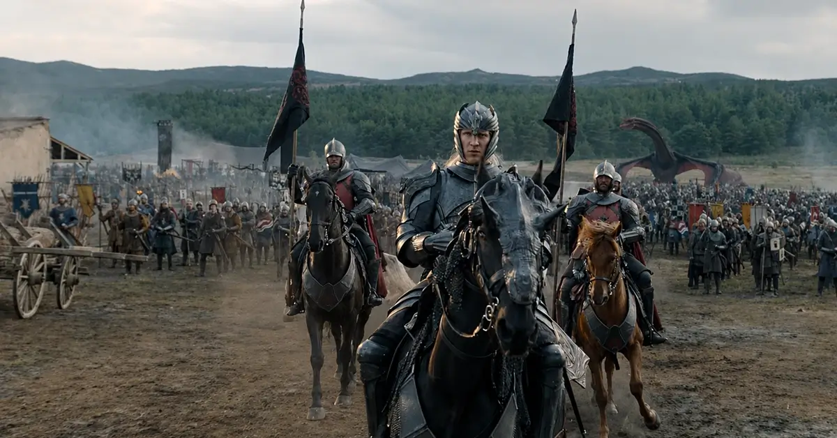 Cena do trailer final da 3ª temporada de A Casa do Dragão mostra um exército Targaryen avançando pelo campo de batalha enquanto um dragão surge ao fundo durante a Dança dos Dragões.