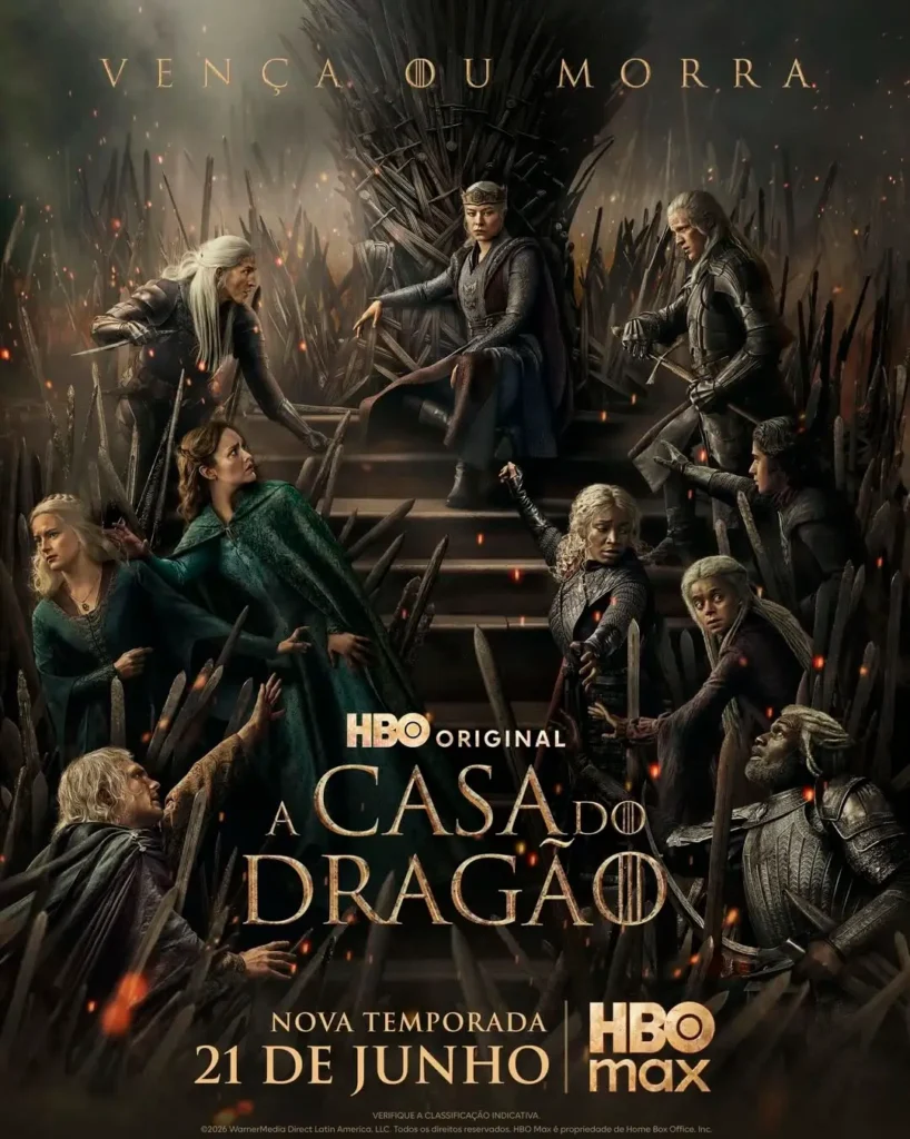 Pôster oficial da 3ª temporada de A Casa do Dragão mostra os principais personagens Targaryen reunidos ao redor do Trono de Ferro em meio à guerra da Dança dos Dragões.