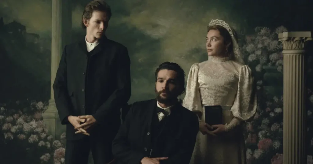 Elenco de A Leste do Éden com Christopher Abbott, Mike Faist e Florence Pugh em cena da série de 2026