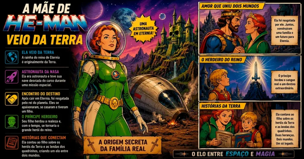 a mae de he man veio da terra Arte mostrando a origem da mãe de He-Man como astronauta da Terra que chegou ao planeta Eternia.
