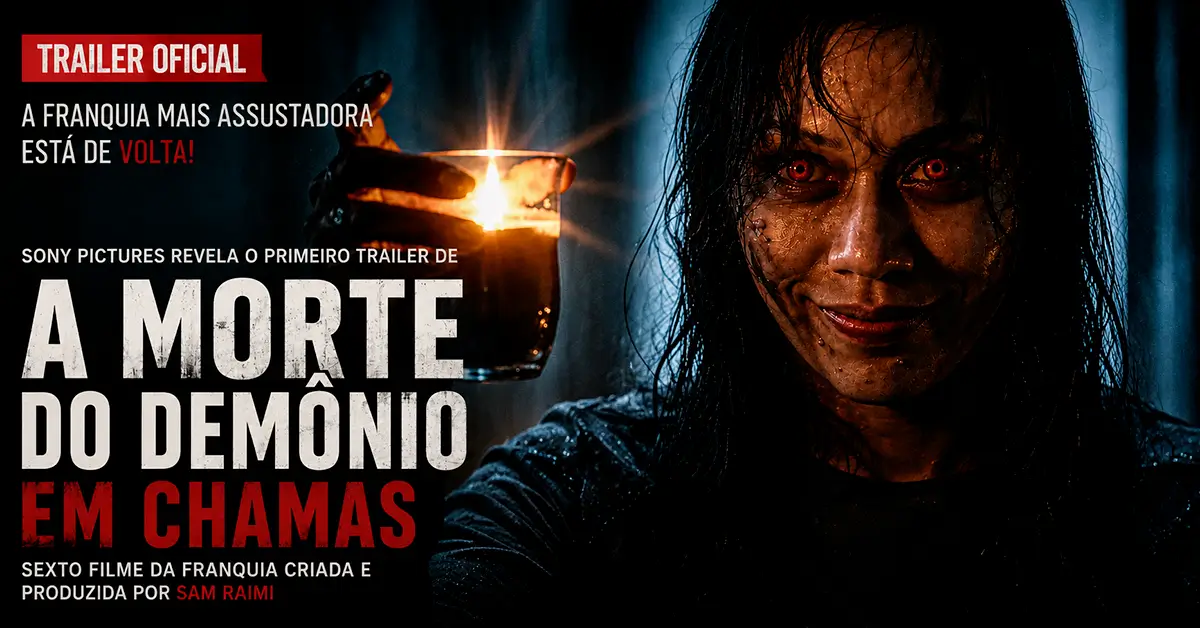 Arte promocional do filme A Morte do Demônio: Em Chamas com mulher possuída segurando vela e olhos vermelhos em cenário sombrio
