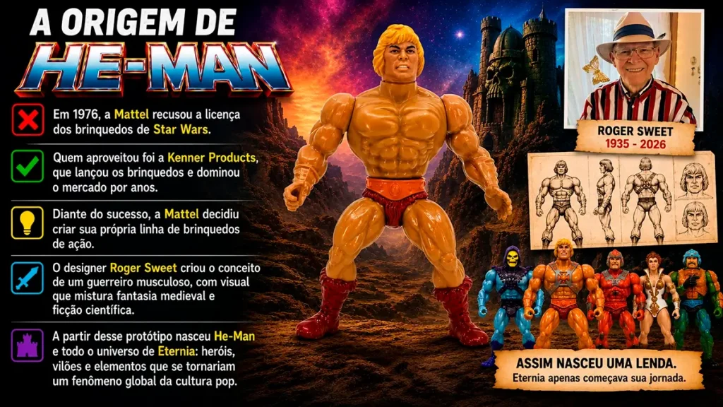 a origem de he man Arte mostrando a origem de He-Man e a criação do personagem pela Mattel nos anos 1980.