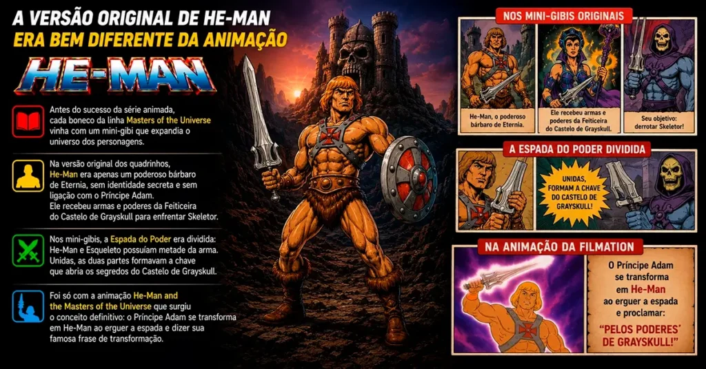a versao original de he man era diferente da animacao Arte mostrando a versão original de He-Man nos mini-gibis antes da animação da Filmation.