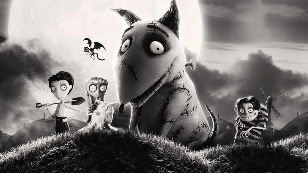 Personagens da animação Frankenweenie (2012) em arte promocional dirigida por Tim Burton