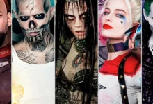 Arte promocional com os personagens de Esquadrão Suicida (2016), incluindo Pistoleiro, Crocodilo, Magia, Arlequina e Coringa no filme da DC.
