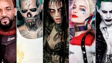 Arte promocional com os personagens de Esquadrão Suicida (2016), incluindo Pistoleiro, Crocodilo, Magia, Arlequina e Coringa no filme da DC.