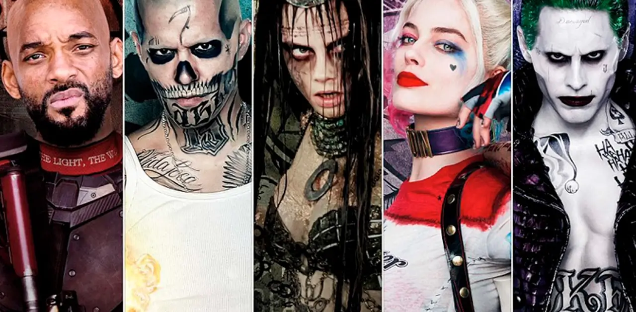 atores e personagens de esquadrao suicida 2016 Arte promocional com os personagens de Esquadrão Suicida (2016), incluindo Pistoleiro, Crocodilo, Magia, Arlequina e Coringa no filme da DC.