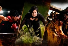 Montagem com cenas de Rocky IV, Aeon Flux e A Paixão de Cristo ilustrando atores que quase morreram na gravação de filmes