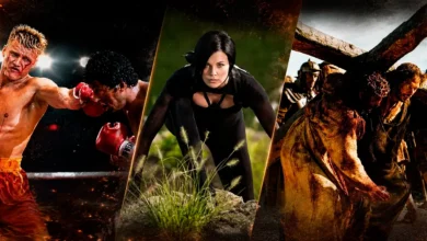 Montagem com cenas de Rocky IV, Aeon Flux e A Paixão de Cristo ilustrando atores que quase morreram na gravação de filmes