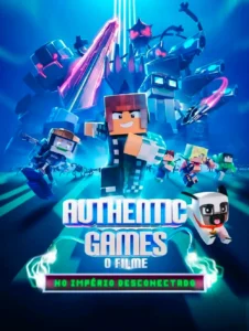 Pôster oficial de Authentic Games: No Império Desconectado mostrando personagens em estilo inspirado em Minecraft enfrentando criaturas robóticas futuristas nas estreias de 14 de maio de 2026.
