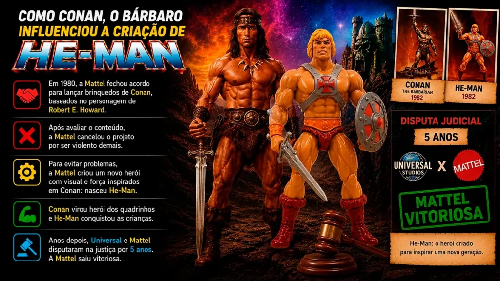 como conan influenciou a criacao de he man Arte comparando Conan, o Bárbaro, e He-Man, mostrando a influência visual na criação do herói da Mattel.