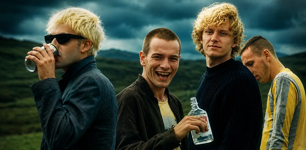 Elenco de Trainspotting: Sem Limites em cena icônica ao ar livre com Mark Renton e grupo