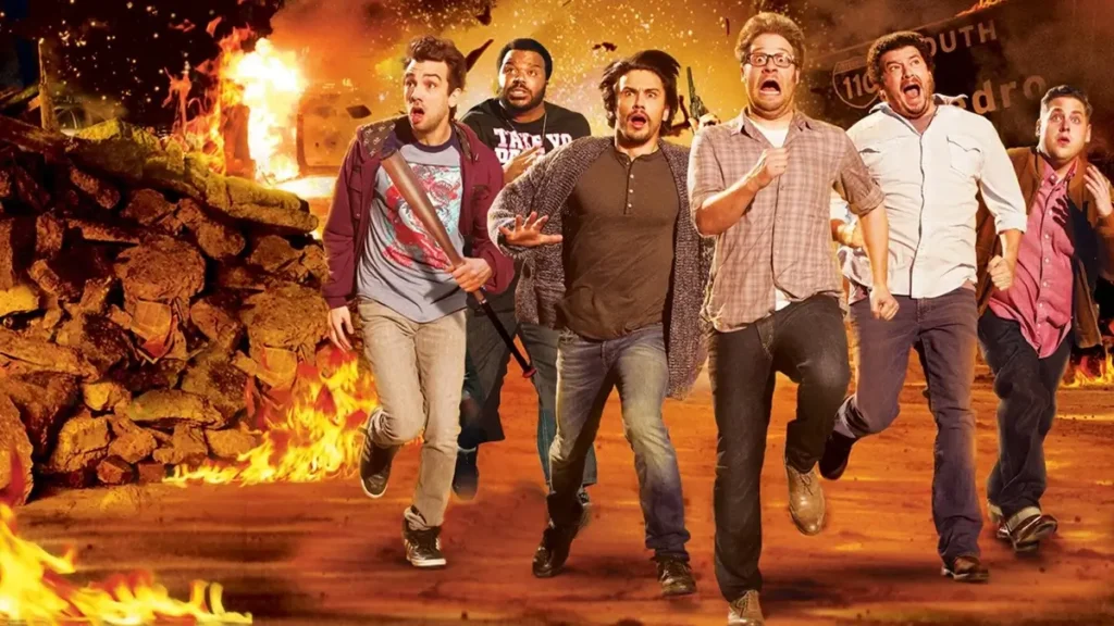 Elenco do filme É o Fim! (2013) em cena apocalíptica da comédia dirigida por Seth Rogen