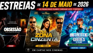 Arte promocional das estreias de 14 de maio de 2026 reunindo pôsteres dos filmes Obsessão, Na Zona Cinzenta e Authentic Games: No Império Desconectado.
