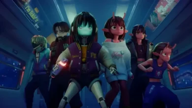 Personagens de Expresso Galático Metrô Via-Lácteo – O Filme caminham dentro de um trem espacial futurista em cena do anime da Netflix lançado em 2026.
