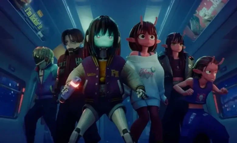 Personagens de Expresso Galático Metrô Via-Lácteo – O Filme caminham dentro de um trem espacial futurista em cena do anime da Netflix lançado em 2026.