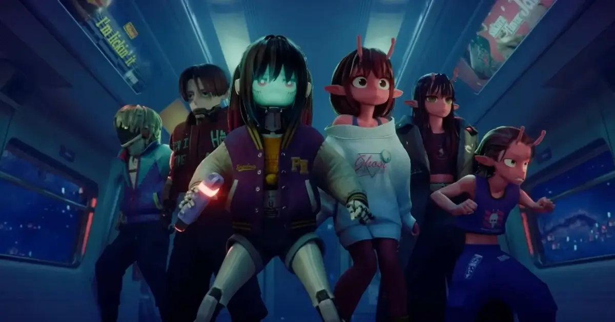 Personagens de Expresso Galático Metrô Via-Lácteo – O Filme caminham dentro de um trem espacial futurista em cena do anime da Netflix lançado em 2026.