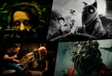 Colagem editorial com cenas de filmes baseados em curtas-metragens, incluindo Jogos Mortais, Frankenweenie, Whiplash e Distrito 9