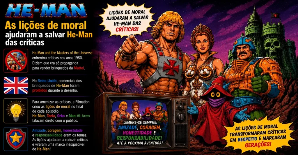 he man licoes de moral salvaram o desenho das criticas anos 1980 Arte mostrando He-Man e personagens da Filmation destacando as lições de moral exibidas ao final dos episódios.