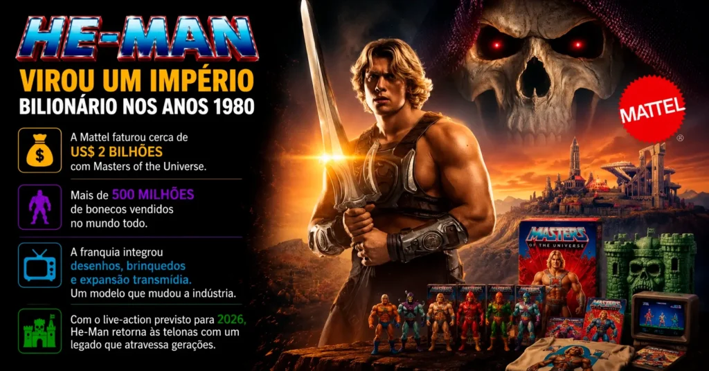 he man virou um imperio bilionario nos anos 1980 Arte mostrando He-Man como fenômeno bilionário da Mattel nos anos 1980 com brinquedos e produtos da franquia.