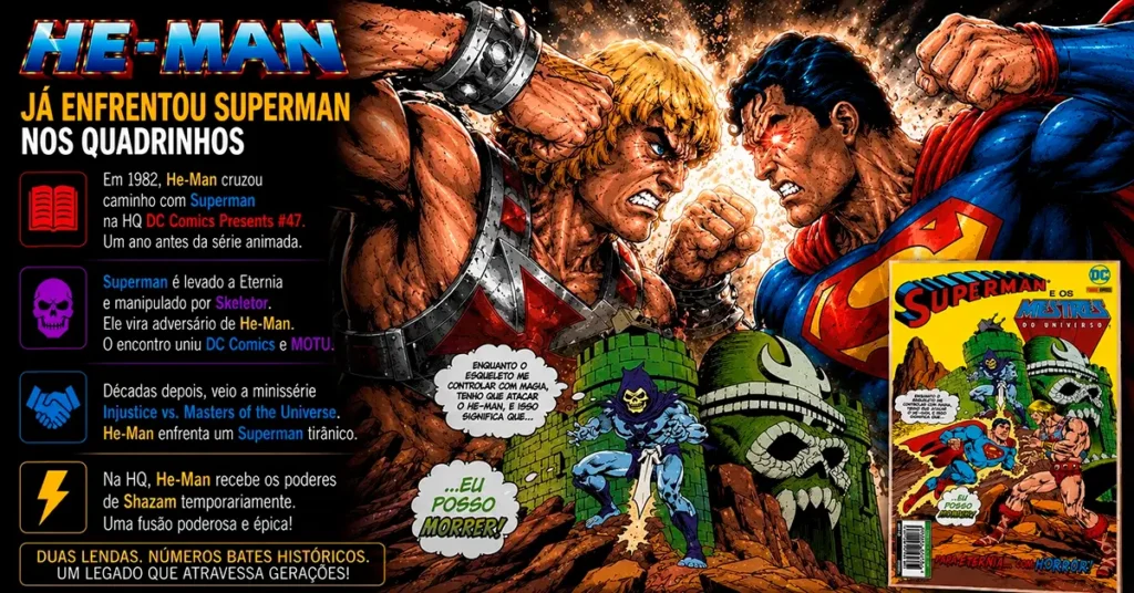 he man vs superman nos quadrinhos Arte mostrando He-Man enfrentando Superman em crossover clássico dos quadrinhos da DC Comics.