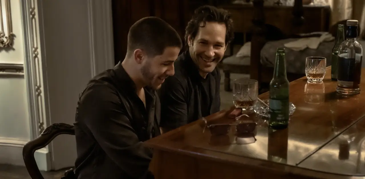 Nick Jonas e Paul Rudd em cena do trailer de Hit para Dois (Power Ballad), sentados ao piano em momento descontraído