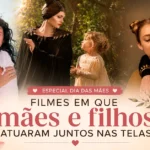 Arte especial de Dia das Mães com cenas de Hollywood destacando mães e filhos que atuaram juntos em filmes, reunindo diferentes gerações de atrizes e crianças em momentos emocionantes nas telas.