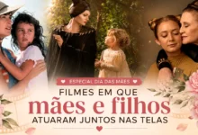 Arte especial de Dia das Mães com cenas de Hollywood destacando mães e filhos que atuaram juntos em filmes, reunindo diferentes gerações de atrizes e crianças em momentos emocionantes nas telas.