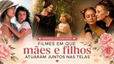 Arte especial de Dia das Mães com cenas de Hollywood destacando mães e filhos que atuaram juntos em filmes, reunindo diferentes gerações de atrizes e crianças em momentos emocionantes nas telas.