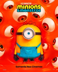 Pôster oficial de Minions e Monstros mostra um Minion cercado por olhos gigantes em cenário assustador