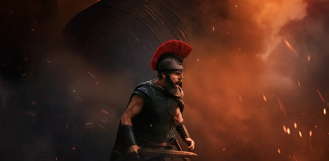 Cena do novo trailer de A Odisseia, novo filme de Christopher Nolan, com guerreiro grego diante do Cavalo de Troia em chamas