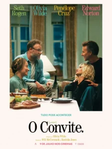 Pôster oficial de O Convite (2026) com Seth Rogen, Olivia Wilde, Penélope Cruz e Edward Norton reunidos durante um jantar que esconde segredos e tensões.