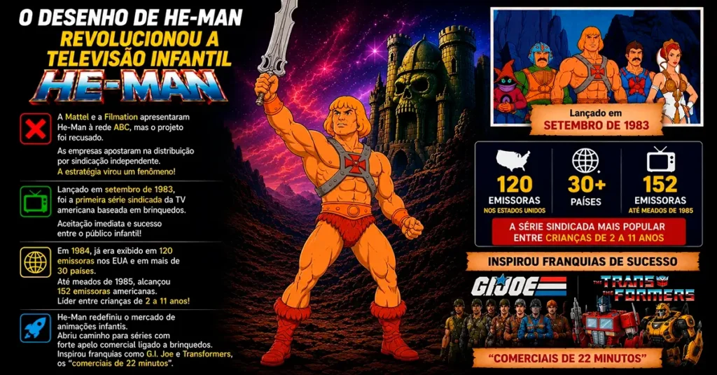 o desenho de he man revolucionou a televisao infantil Arte mostrando He-Man revolucionando a televisão infantil e influenciando desenhos dos anos 1980.