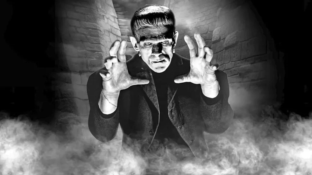 Boris Karloff como o Monstro de Frankenstein no clássico de horror Frankenstein (1931), produção icônica da Universal Pictures.