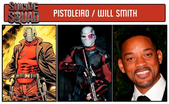 personagem de esqudrao suicida pistoleiro Pistoleiro, personagem interpretado por Will Smith em Esquadrão Suicida (2016), em montagem com versão dos quadrinhos e do filme da DC Comics.
