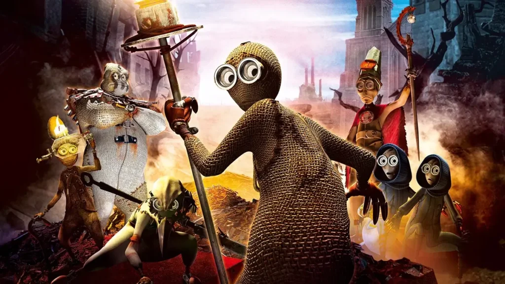 Personagens da animação 9 – A Salvação (2009) em cenário pós-apocalíptico dominado por máquinas