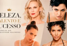 Arte editorial com modelos que viraram atrizes em Hollywood, destacando Charlize Theron, Angelina Jolie, Gal Gadot e Halle Berry