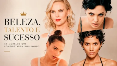 supermodelos que se tornaram atrizes Arte editorial com modelos que viraram atrizes em Hollywood, destacando Charlize Theron, Angelina Jolie, Gal Gadot e Halle Berry
