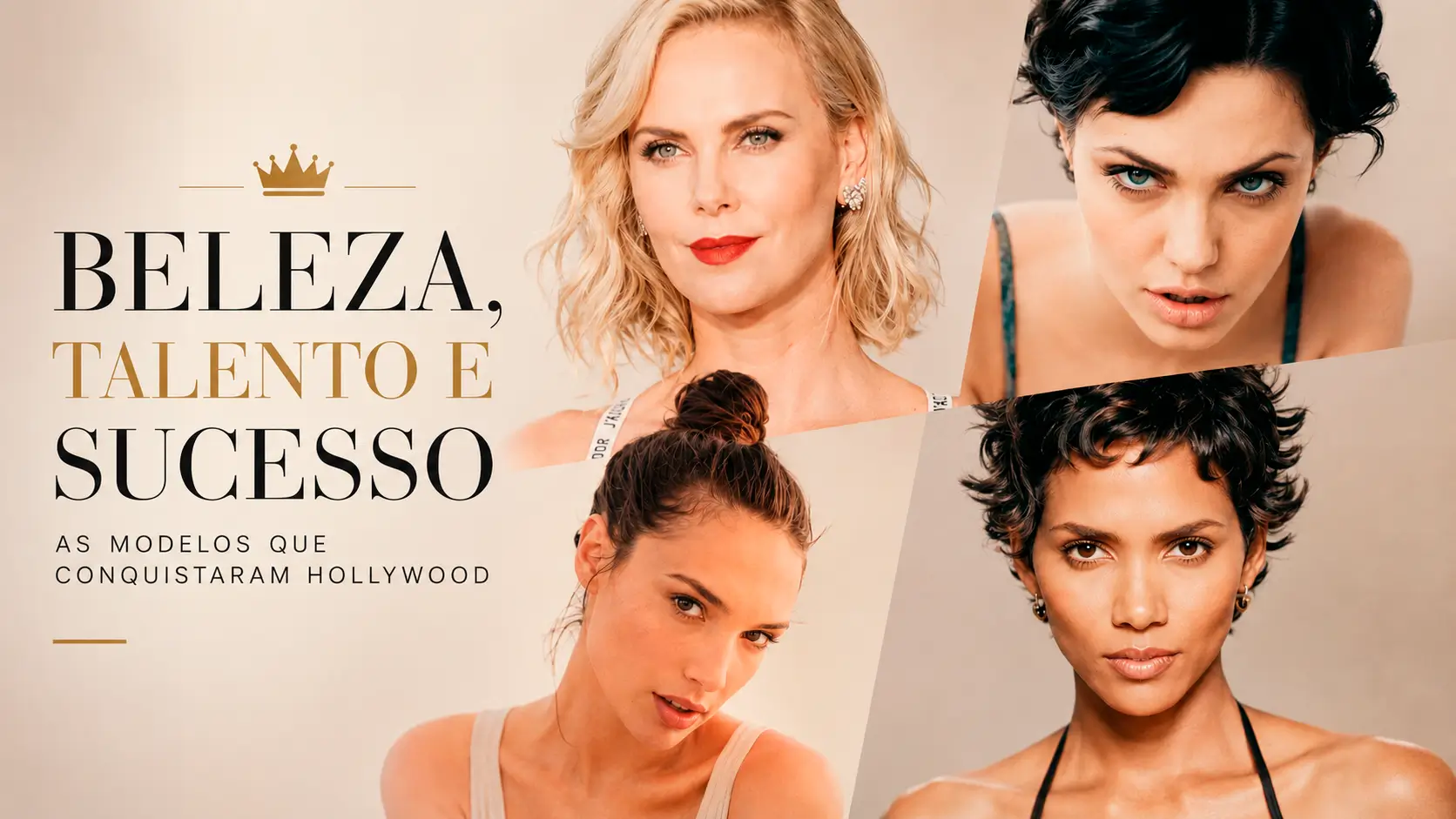 supermodelos que se tornaram atrizes Arte editorial com modelos que viraram atrizes em Hollywood, destacando Charlize Theron, Angelina Jolie, Gal Gadot e Halle Berry