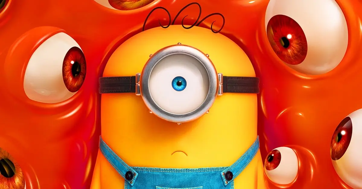 Minion cercado por olhos gigantes em cena do trailer final de Minions e Monstros