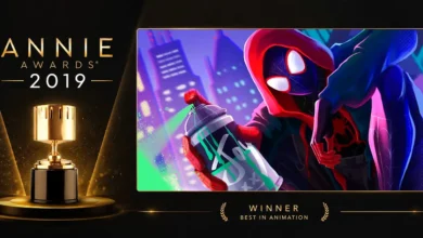 Arte promocional do Annie Awards 2019 destacando Homem-Aranha no Aranhaverso como vencedor de Melhor Animação.