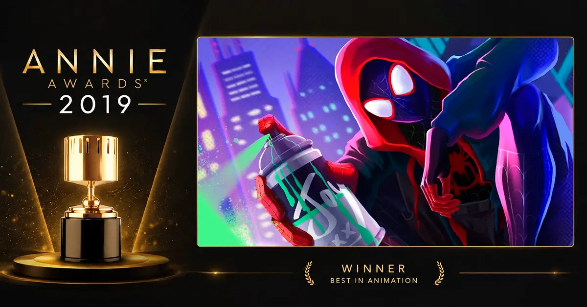 Arte promocional do Annie Awards 2019 destacando Homem-Aranha no Aranhaverso como vencedor de Melhor Animação.