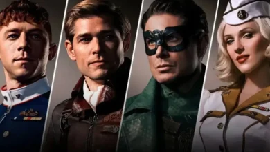 Will Hochman, Mason Dye, Jensen Ackles e Elizabeth Posey caracterizados como supers na série Vought Rising (2027), derivada do universo de The Boys.